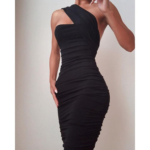 Black Cross Shoulder Ruched Dress