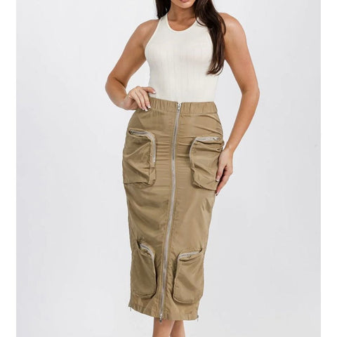 Elastic Waist Zip Up Cargo Skirt