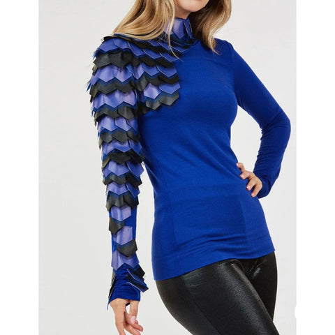 Royal Blue Mock Neck Color Block Blouse
